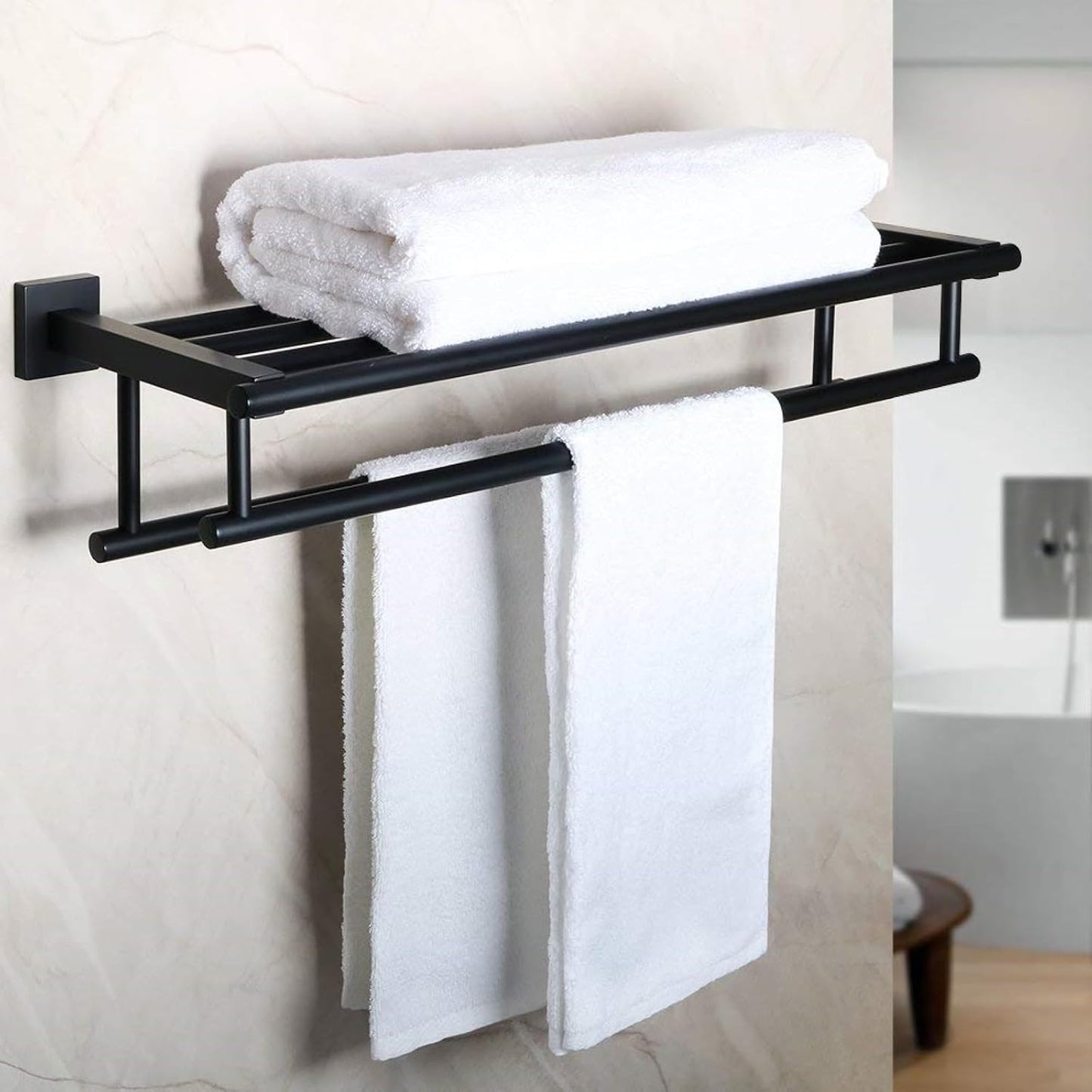 Alise Double Towel Rack for Bathroom Wall Mounted 24 Inch,Matte Black | Bathroom Tower Holder Towel Shelf with Double Towel Bars,SUS304 Stainless Steel Towel Rack with Shelf for Lavatory Kitchen
