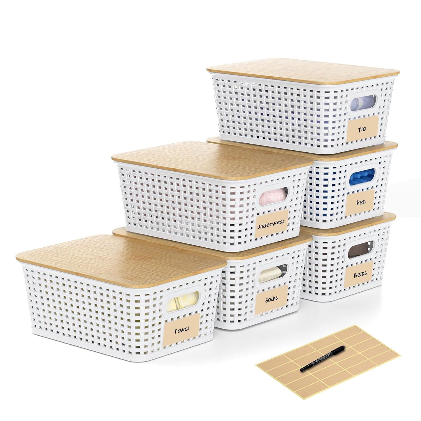 Plastic Storage Baskets with Bamboo Lids and Labels, Stackable Storage Containers, Storage Bins for Organizing Shelves Drawers Desktop Closets Office, 6 Packs-White