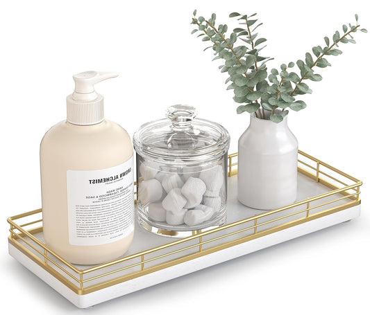 Bathroom Tray for Counter Top Organizer, Oak Wood Vanity Tray | Metal Frame for Dresser, Kitchen & Nightstand, Gold & White Decorative Storage