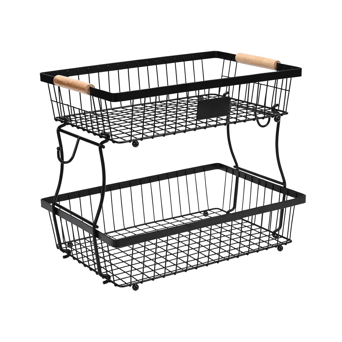 Fruit Basket Bowl 2 Tier Detachable with 2 Banana Hangers, Fruit Stand Holder for Kitchen Countertop, Metal Wire Vegetable Storage Organizer, for Bread Snack Veggies Produce, Black