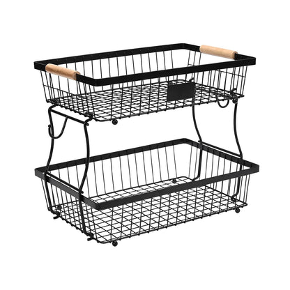 Fruit Basket Bowl 2 Tier Detachable with 2 Banana Hangers, Fruit Stand Holder for Kitchen Countertop, Metal Wire Vegetable Storage Organizer, for Bread Snack Veggies Produce, Black