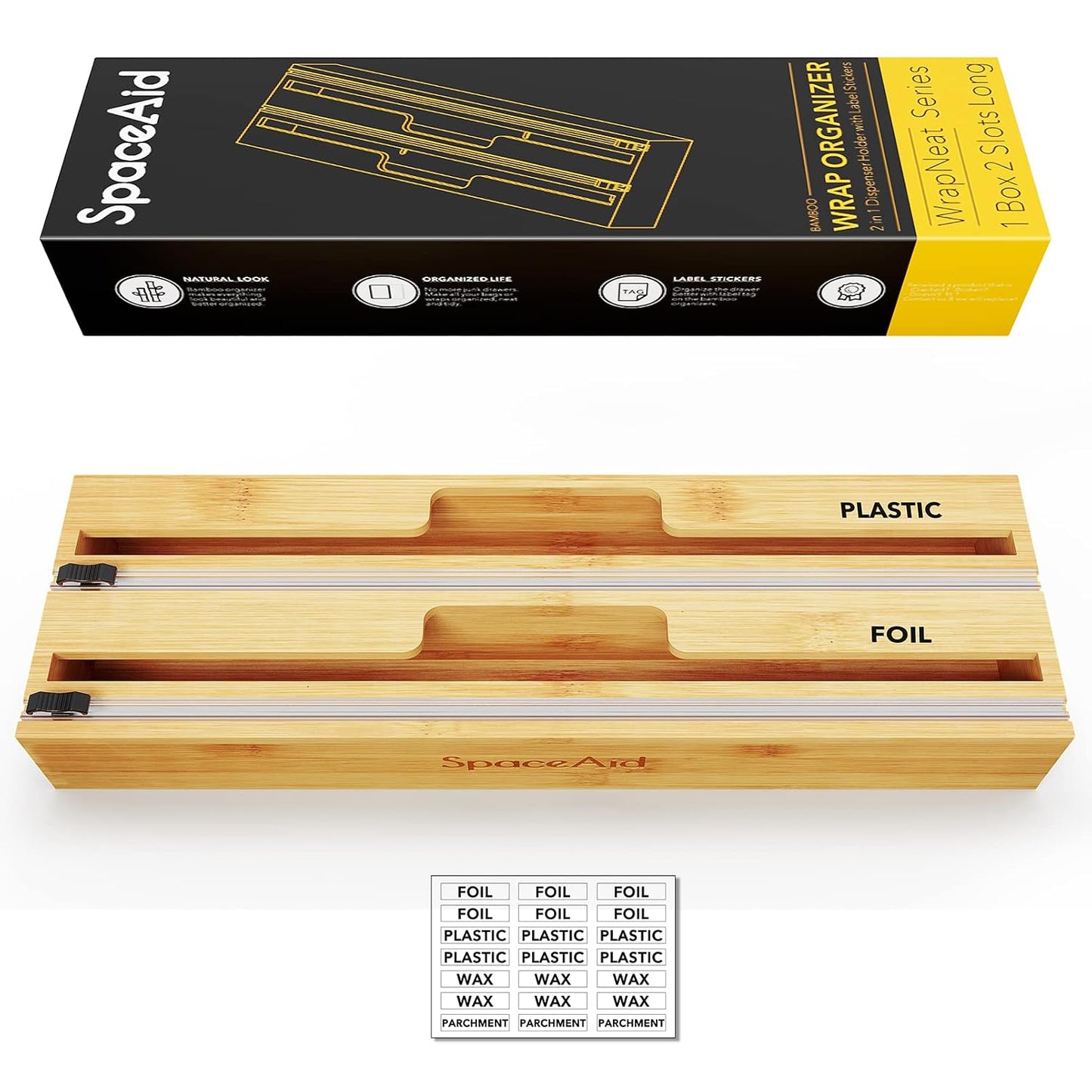 SpaceAid 2 in 1 Long Wrap Dispenser (Need 3" Deep Drawer) with Cutter, Plastic Wrap, Aluminum Foil Dispenser for Kitchen Drawer, Bamboo Roll Organizer Holder, Compatible with 15" Roll