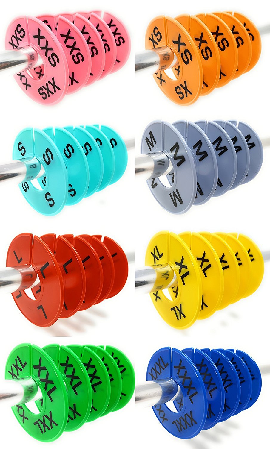 Clothing Rack Size Dividers for Retail Shops, XXS-XXXL, 40 Pieces, 8 Colors | Round Plastic Size Rings, Tags, Hangers, or Separators for Shirt, Closet, and Garment Racks, Small Medium Large