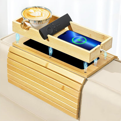 Luxspire Couch Armrest Table, 2-in-1 Magnetic, Detachable, Burlywood | Sofa Arm Tray with Cup Holder and Phone Holder, Foldable Bamboo Couch Cup Holder for Remote Controls, Phones, Snacks, Cups