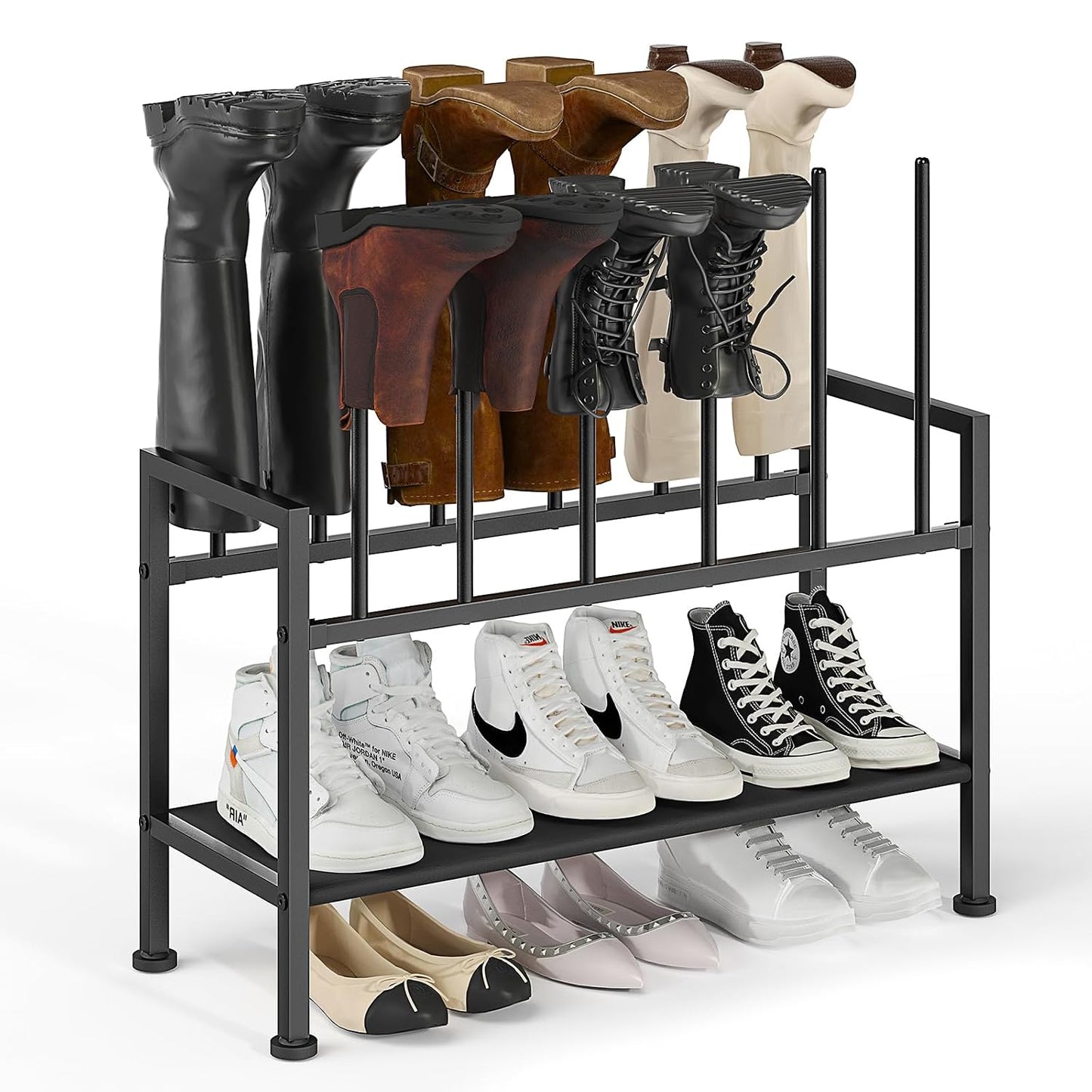 DIMJ Free Standing Shoe Racks - 3-Tier Boot Rack, Black Metal Storage Organizer for Tall Boots, Sneakers, Closet Organizer, Multiuse Shoe Rack, Fits 6 Pairs