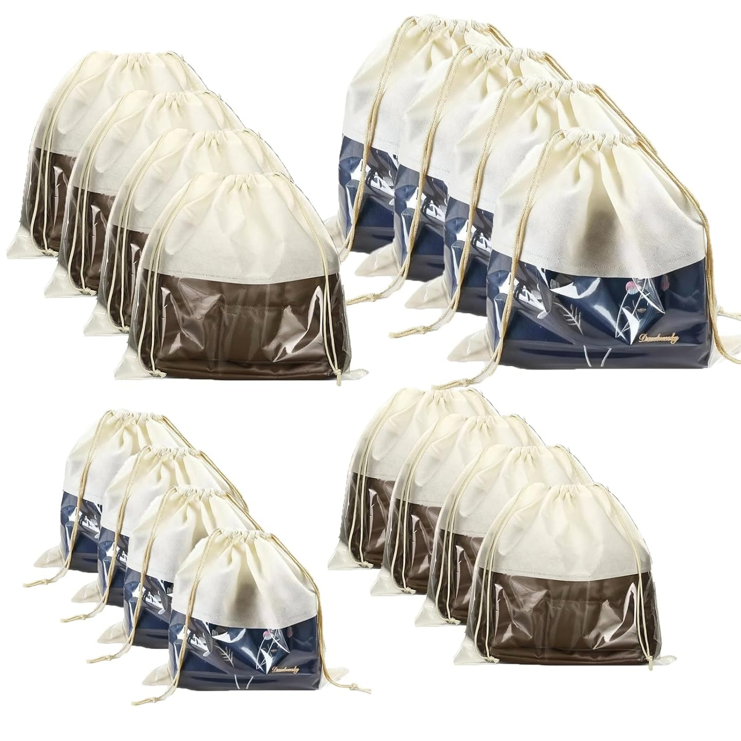 16 Pcs Beige Dustproof Drawstring Bags Purse Dust Storage Bags for Handbags Covers Non Woven Fabric Cloth Pouch String Packing Organizer Shoe Pouch(4 Sizes)