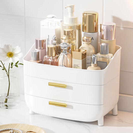 Vtopmart 3-Tier Skincare Makeup Organizer with Drawers, White | For Vanity,Dresser and Bathroom Countertop, Large Cosmetic Storage Box Case, , With Drawer, Non-Slip Base
