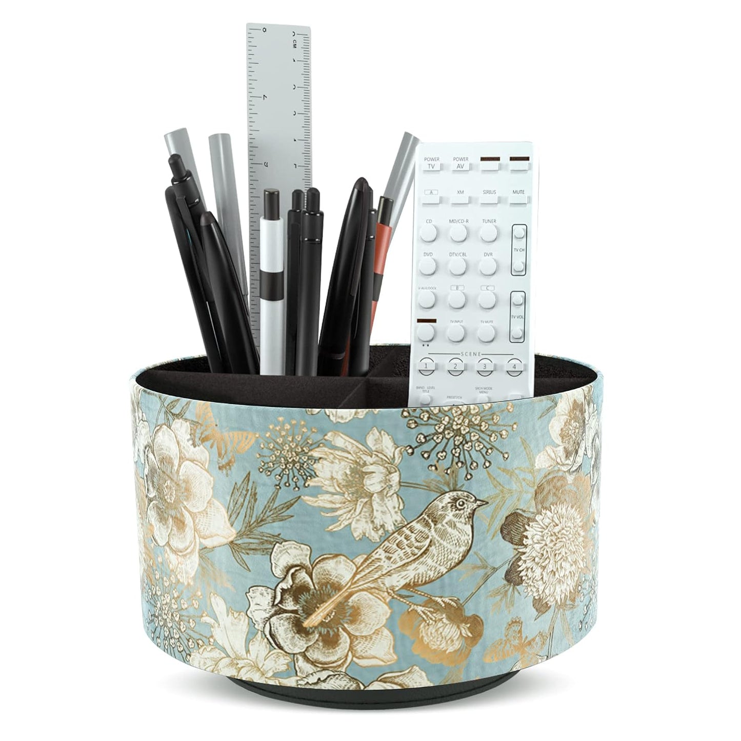 Round Leather Art Supply Organizer,Remote Control Holder,360 Degree Rotating,Multi-Functional Pencil Holder,4 Compartments Desktop Stationary Organizer(1-Blue Bird)