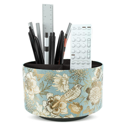 Round Leather Art Supply Organizer,Remote Control Holder,360 Degree Rotating,Multi-Functional Pencil Holder,4 Compartments Desktop Stationary Organizer(1-Blue Bird)