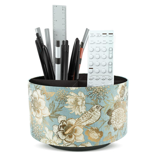 Round Leather Art Supply Organizer,Remote Control Holder,360 Degree Rotating,Multi-Functional Pencil Holder,4 Compartments Desktop Stationary Organizer(1-Blue Bird)