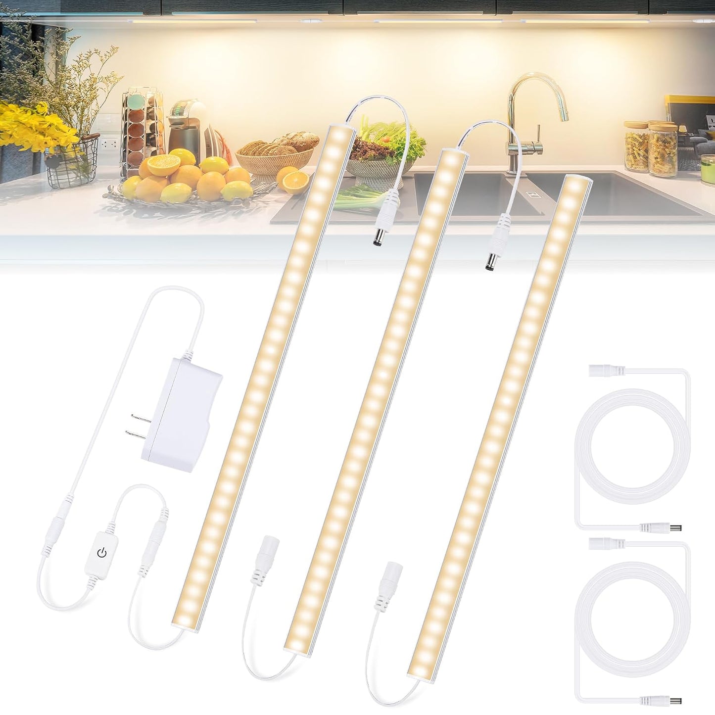 3PCS x 12inch Under-Counter Light Fixtures, LED Cabinet Lights with Memory Function, Warm White 3000K Desk Lighting, Slim Under Cupboard Lighting for Kitchen, Desk, Shelf