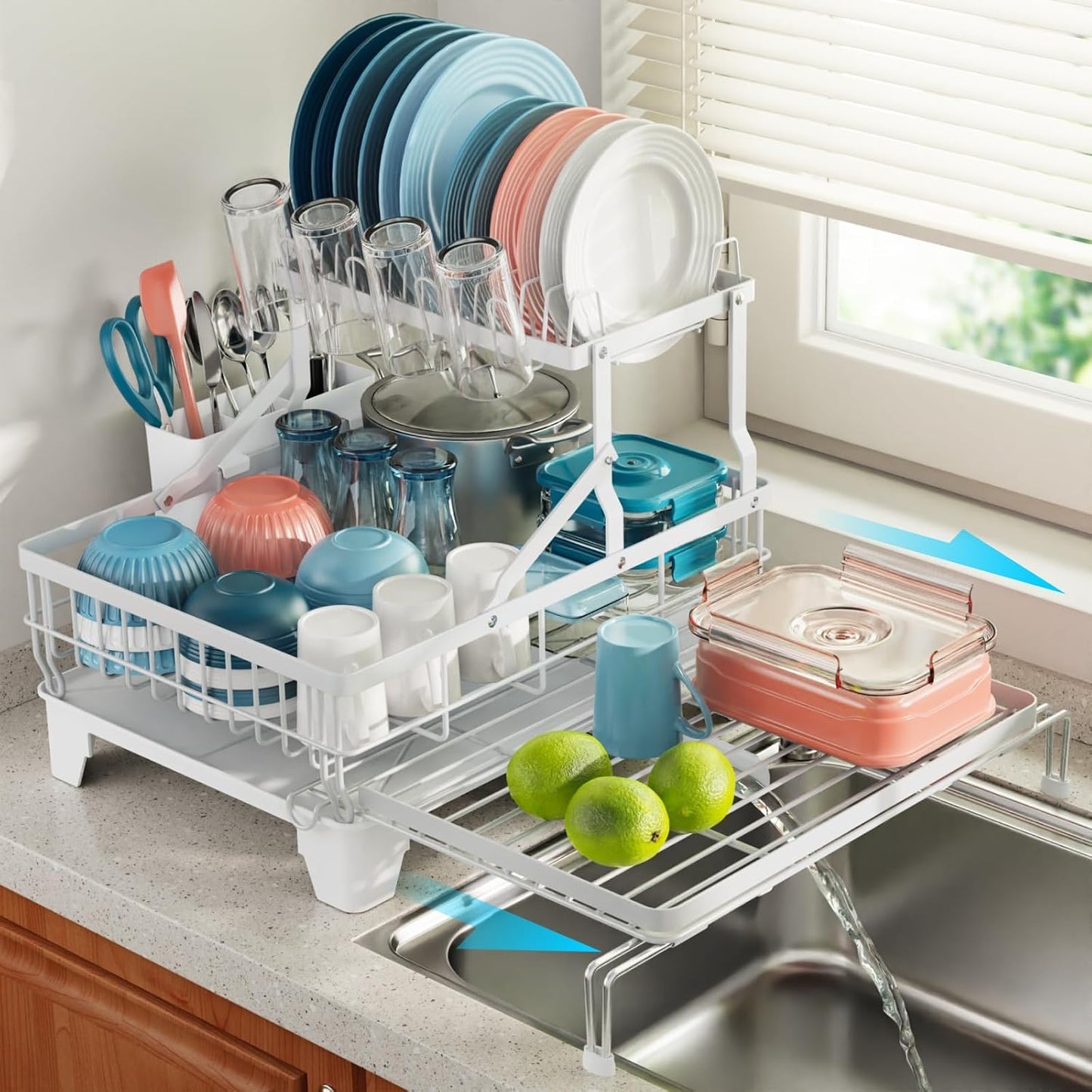 2 Tier Dish Drying Rack - Expandable Over Sink & C... (White | Metal)