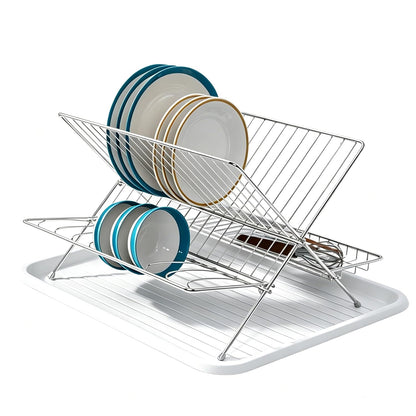 Stainless Steel Foldable Dish Drying Rack, 2 Tier Collapsible Kitchen Rack for Counter, Large Capacity Expandable Dish Drainer Rust Proof