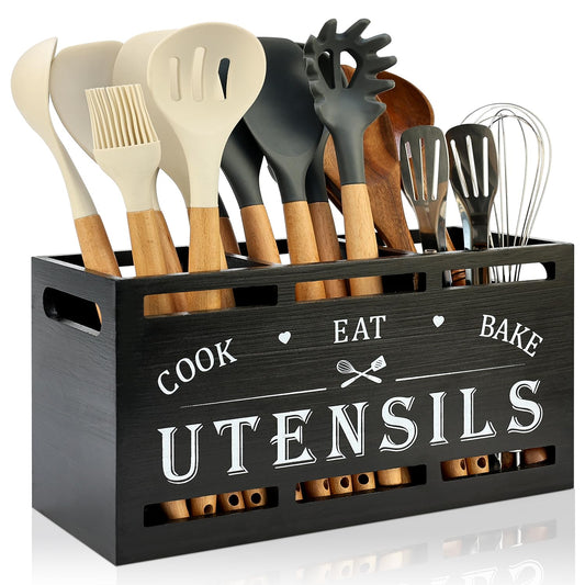 Large Black Wood Utensil Holder for Kitchen Decor... (Wood)