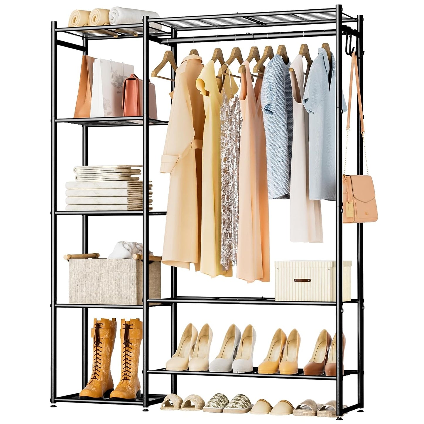 Closet Wardrobe, Closet Organizers and Storage System, Metal Clothes Rack | All in one, With 4 Tiers Shelves, Portable & Free Standing, for Hanging Clothes, for Cloakroom Bedroom