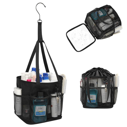 Mesh Shower Caddy Portable for College Dorm Room Essentials, Shower Tote Bag with Hanging Hook and Drawstring, Quick Dry Toiletry Bag with 6 Pockets for Bathroom, Swimming, Gym, Camping, Beach, Travel