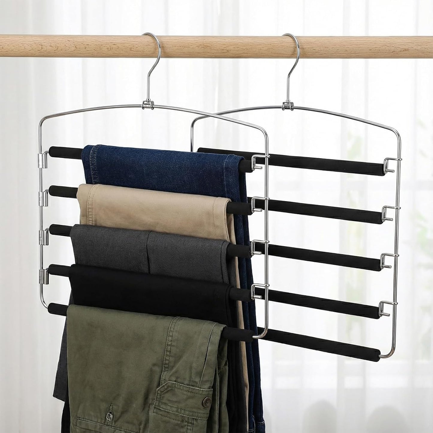 2 Pack 5 Tier Pants Hanger, Multi-Tier Pants Hangers Space Saving, 5-Layer Swing Arm Pant Hanger, Stainless Steel Closet Organizer for Jeans Trousers, Non-Slip Pant Rack for Wardrobe Storage