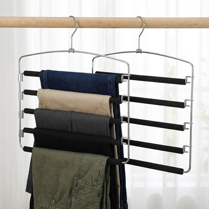 2 Pack 5 Tier Pants Hanger, Multi-Tier Pants Hangers Space Saving, 5-Layer Swing Arm Pant Hanger, Stainless Steel Closet Organizer for Jeans Trousers, Non-Slip Pant Rack for Wardrobe Storage