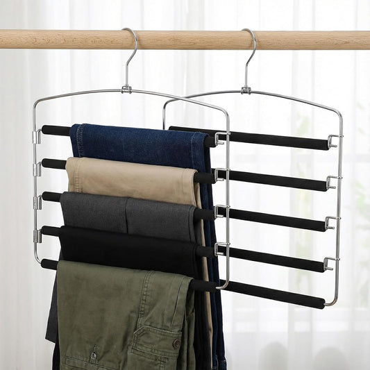 2 Pack 5 Tier Pants Hanger, Multi-Tier Pants Hangers Space Saving, 5-Layer Swing Arm Pant Hanger, Stainless Steel Closet Organizer for Jeans Trousers, Non-Slip Pant Rack for Wardrobe Storage