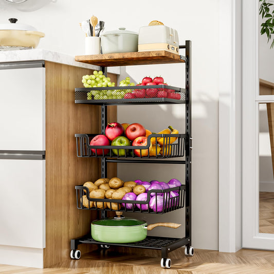 Fruit Basket Kitchen Cart - Floor 5 Tier Adjustabl... (Black | Metal, Wood)