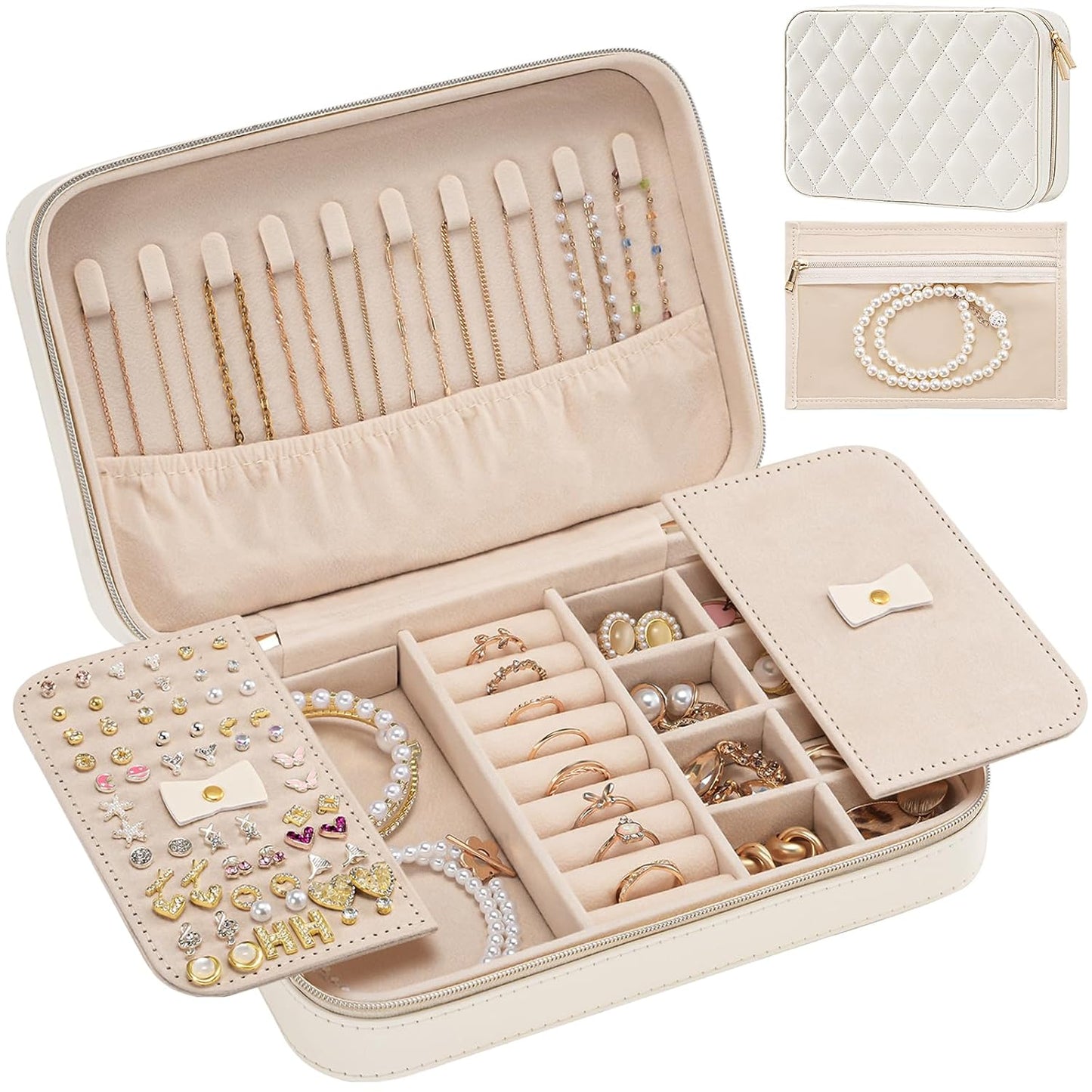 Lolalet Travel Jewelry Case for Women Girls -Medium, White | Jewelry Box Organizer for Travel Essentials, Mirror & Clear Storage Bag, Earring Necklace Bracelet Ring Holder, Mother's Gift