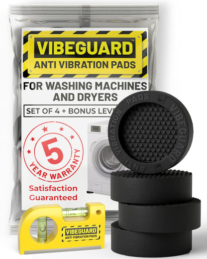 Anti Vibration Pads for Washing Machine, Fit Feet to 2.25in 4 Pack + Level | Stops washer, dryer walking, moving; TrianGrip; rubber shock absorber, stabilizer; spin cycle noise reducer