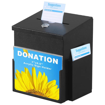 Suggestion Box with Key Lock Acrylic Sign Holder, Metal Donation Ballot Drop Box with Slot Tip Jar for Office, Fundraising, Church, School,8.9''x7.1''x6.3'', Black