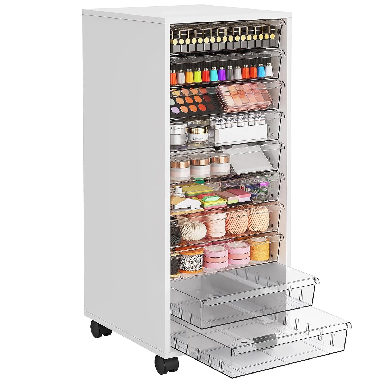 Storage Drawer Cart, Mobile Storage Cabinet, Makeup Storage with 10 Large Clear Drawers, Utility Wooden Rolling Cart on Wheels, for Cosmetic, Art Craft, Office Supplies, Toy, White