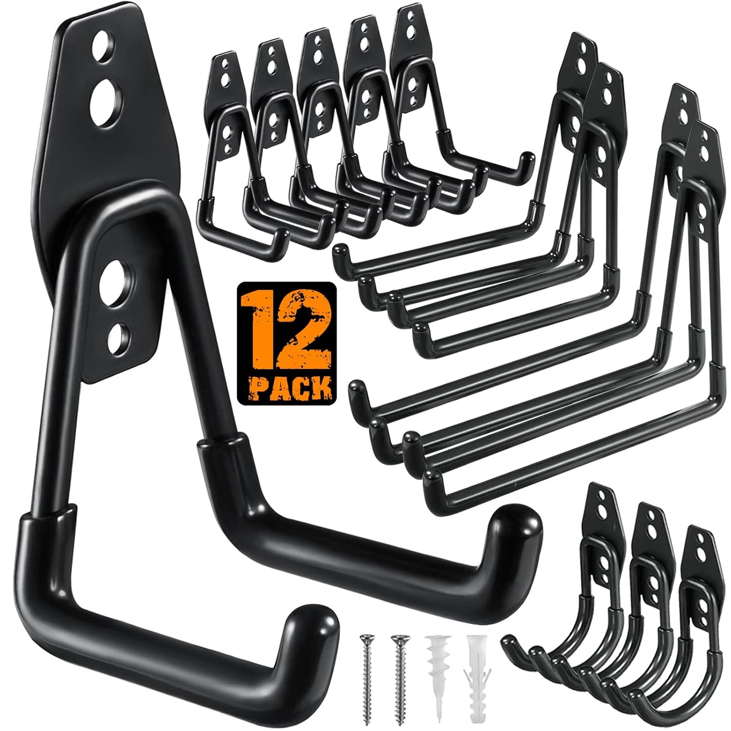 HUPBIPY 12 Pack Garage Hooks Heavy Duty, Wall Mount Ladder Hooks | Storage Organizer With a non-slip coating for Hanging Bicycles Garden Tools Ladders Hoses Ropes and Loose Items(Black)