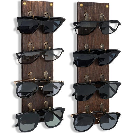 Set of 2 Rustic Mounted Sunglasses Storage Organizer Wood Eyeglasses Holder Sunglass Rack Eyeglasses Display Rack with Metal Hooks Glasses Wall Decor Hanging Jewelry Organizers for Home