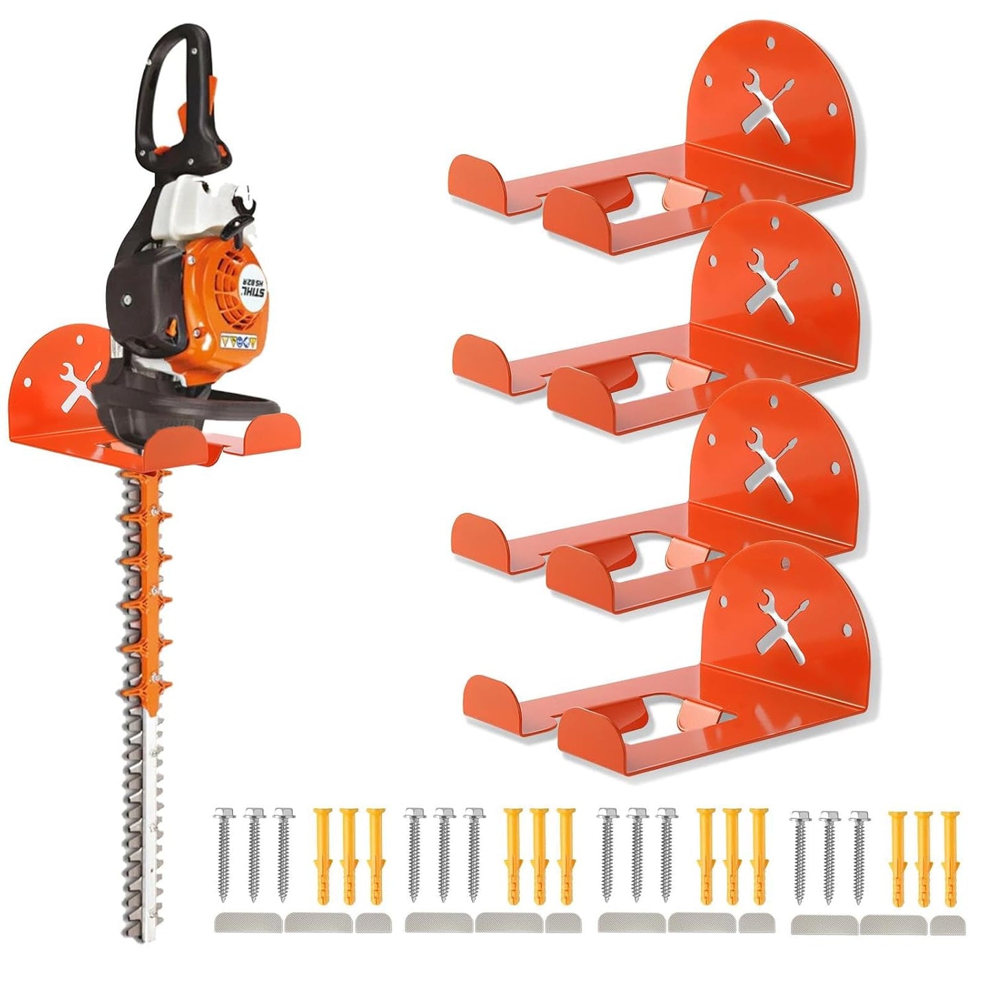 Upgraded Trimmer Rack Wall Mount - 8" Heavy Duty Weed Eater Hanger for Garage Wall, Garden Power Tool Holder Organizer Hooks for Grass Trimmer, Hedge Trimmer, Leaf Blower and Chainsaw, Orange, 4 Pack