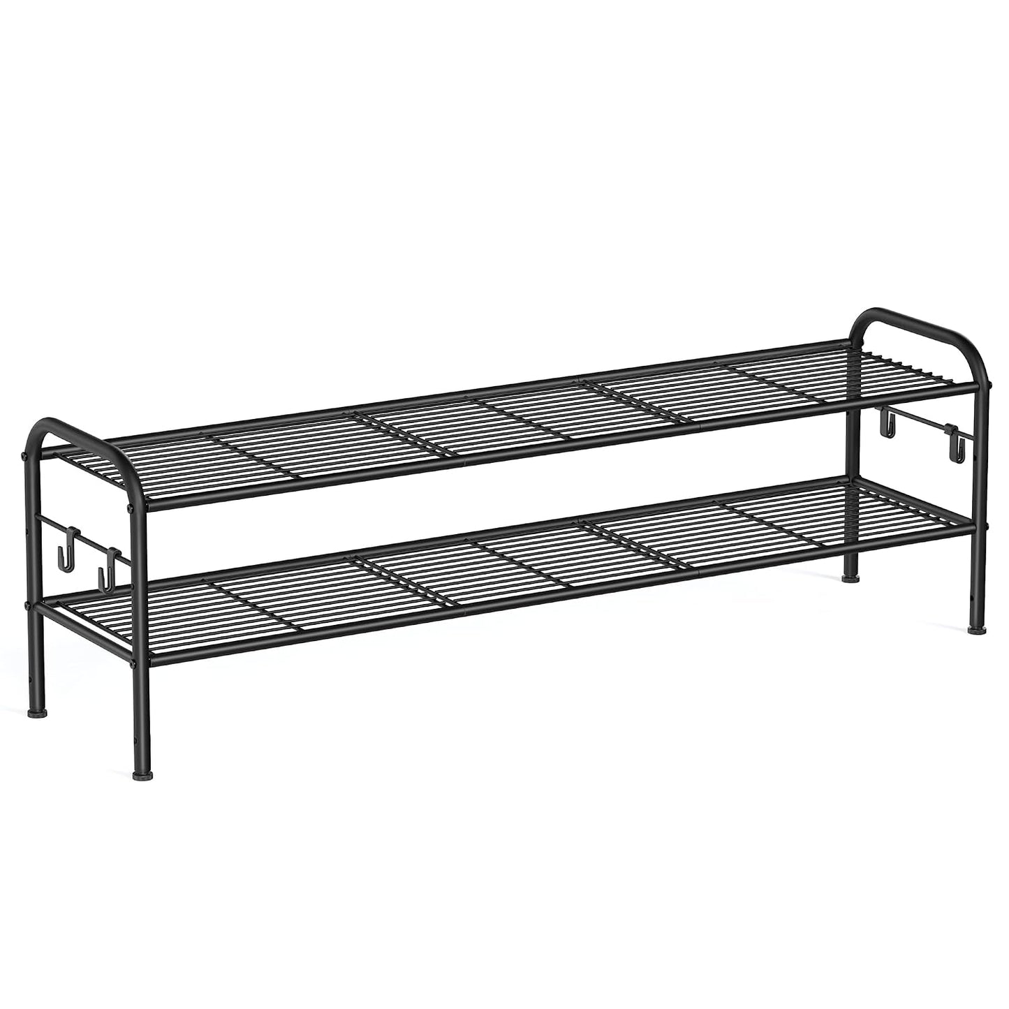 SONGMICS Shoe Rack, 2-Tier Shoe Organizer, Metal Shoe Shelf Storage with 4 Side Hooks, Holds 18 Pairs of Shoes, Height-Adjustable Shoe Rack for Entryway, Hallway, Closet, Ink Black ULMR121B01