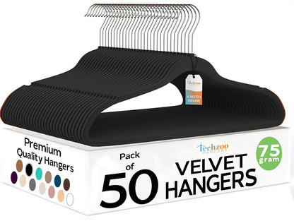 50 Pack New Premium Quality Velvet Hangers Ultra Thin Non Slip Adult Felt Space Saving Hangers for Closet Heavy Duty Coat Pants Jackets Dress Hangers 360° Swivel Hook Hold Upto 10 lbs Black