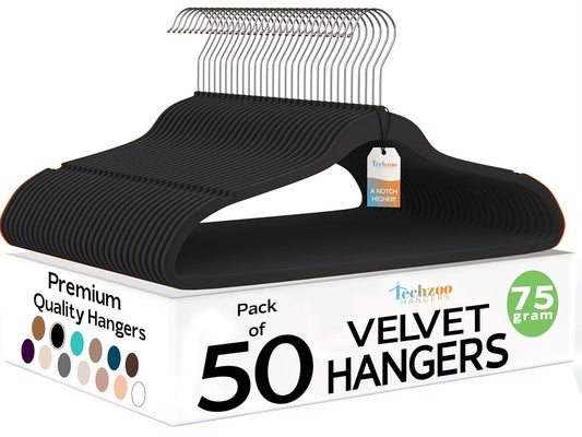 50 Pack New Premium Quality Velvet Hangers Ultra Thin Non Slip Adult Felt Space Saving Hangers for Closet Heavy Duty Coat Pants Jackets Dress Hangers 360° Swivel Hook Hold Upto 10 lbs Black