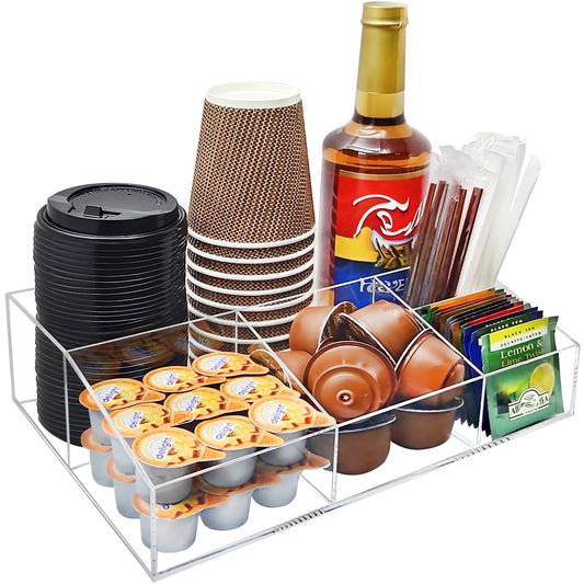 Acrylic Coffee Bar Station Organizer for Countertop, Office, Home Coffee K Cup Holder Holds Paper Cups, Condiments, Syrups, Creamer, Multi-Purpose Accessories Organizer