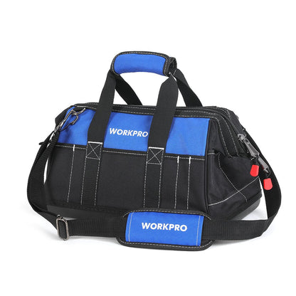 WORKPRO 16-inch Wide Mouth Tool Bag with Water-Proof Molded Base | Multi-Pocket, Heavy Duty Cloth, Adjustable Shoulder Strap, Double-pull Zipper, Suitable for Workshops, Outdoor Projects