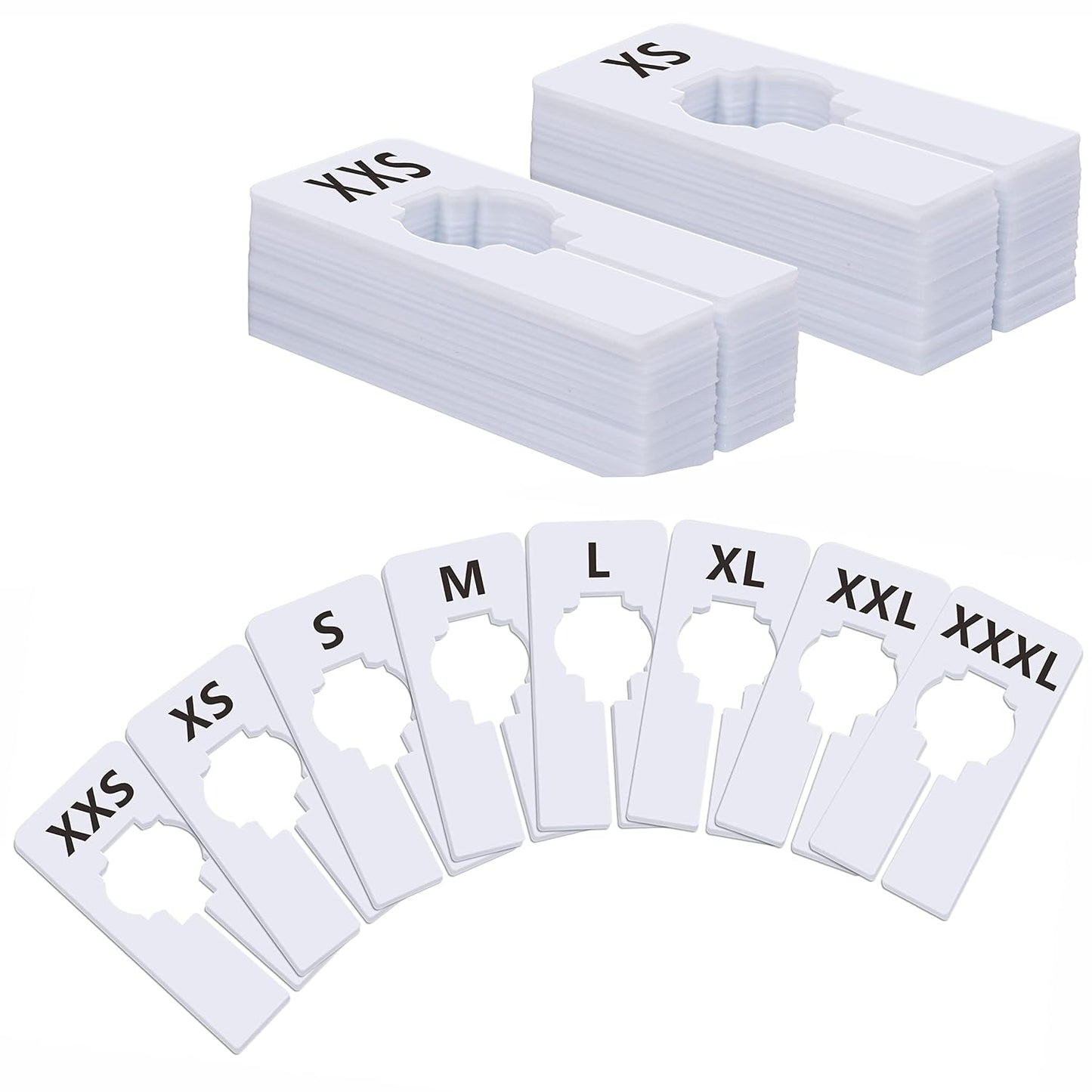 40 Pack Rectangular White Plastic Clothing Size Closet Rack Dividers Hangers, Preprinted in 8 Sizes XXS, XS, S, M, L, XL, XXL, XXXL (2.5”x 5”, Inner Diameter 1.38”)