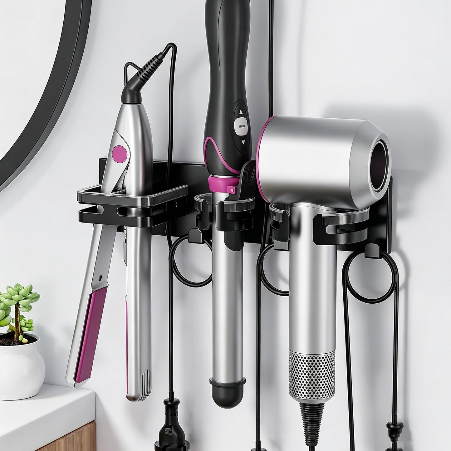 Hot Hair Tool Organizer Wall Mount with Plug & Cord Storage, Black | Blow Dryer Holder, Metal Hair Straightener Curling Iron Flat Iron Rack, Heat Resistant Hair Dryer Holder for Bathroom , Salon