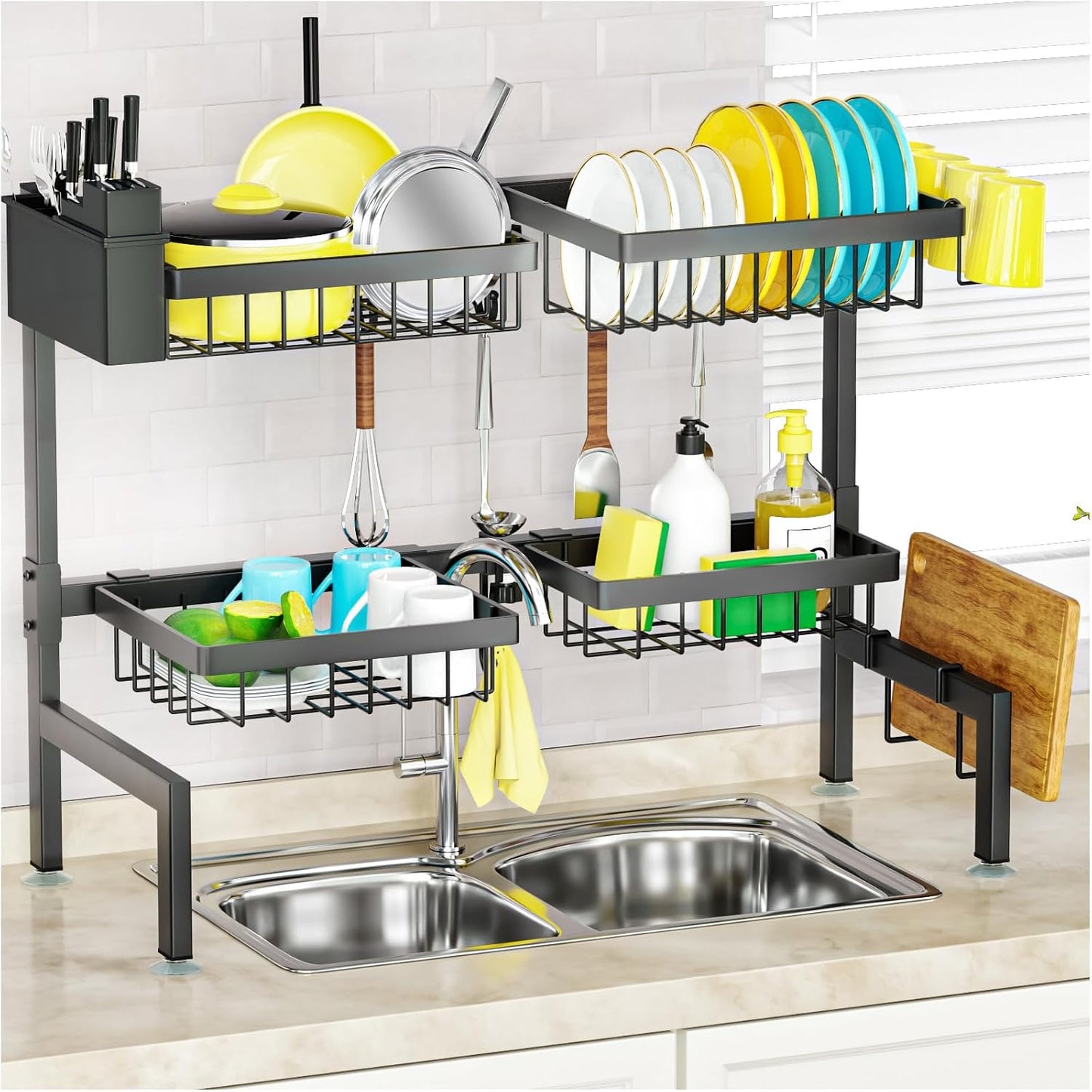 SNSLXH 4 Baskets 2-Tier Over The Sink Dish Drying Rack, 26.57"-35" | Large Dish Drying Rack for Kitchen, Extensible and Adjustable, Saving Kitchen Space