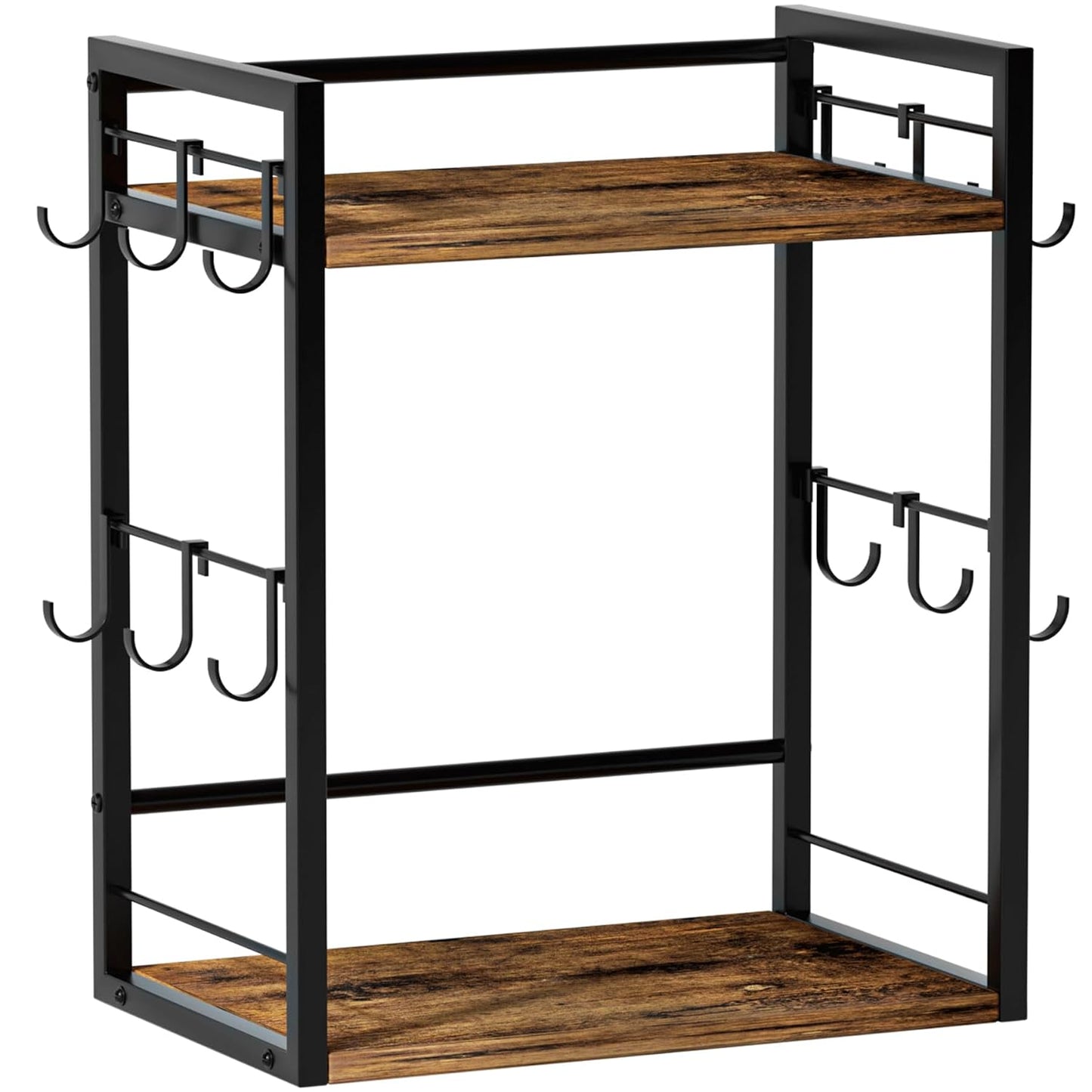 Dorhors Coffee Bar Organizer,Mug Holder,Station Organizer Kitchen Counter | 2 Tier Rustic Brown Wood Coffee Bar Accessiries with 12 Hooks,Countertop Shelf for Mug,Syrup and Accessories