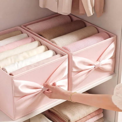 Gerrii 2 Pack Light Pink Bow Storage Bins for Closet 18.5" x 11.02" x 7.87" Large Stylish Fabric Organizers with Bow Handles Grid Dorm Organizer Open Compartments for Underwear Socks Accessories