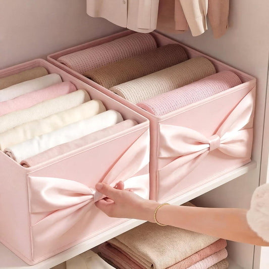 Gerrii 2 Pack Light Pink Bow Storage Bins for Closet 18.5" x 11.02" x 7.87" Large Stylish Fabric Organizers with Bow Handles Grid Dorm Organizer Open Compartments for Underwear Socks Accessories