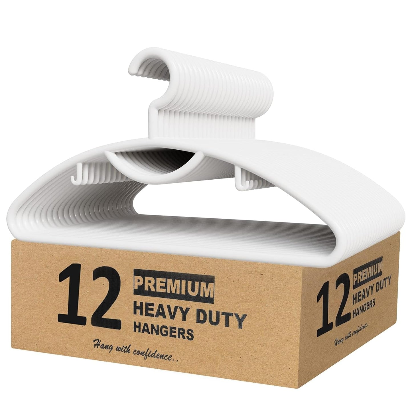 Plastic Clothes Hangers- Heavy Duty Plastic Hangers for Clothes, Coats, Dress, Suits- Non Slip Closet Cloth Hanger with Hook for Scarves, Belts & Ties- Snag Free White Hangers for Shirts (Pack of 12)