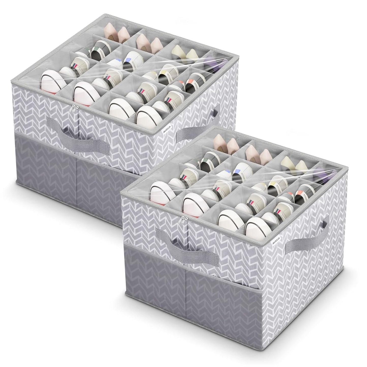 ALCOVA 2-Pack Shoe Organizer for Closet, Holds 32 Pairs, Clear Cover - Gray | 2 Pack holds 32 pairs. Clear dust-proof cover, tear-resistant Oxford fabric, 4 reinforced handles. Folds flat. 17x17x12.5