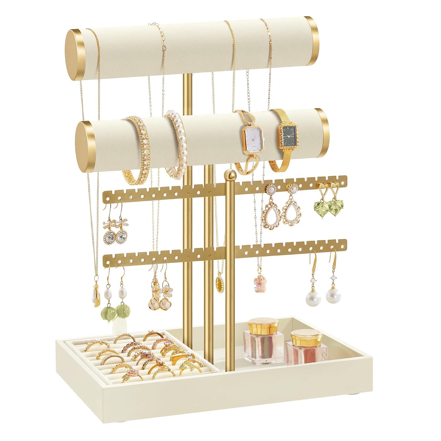 SONGMICS Bracelet Holder Stand, Jewelry Display Stand, Jewelry Organizer, with 2 Tiers and Velvet Tray, Earring Organizer, Removable Ring Holder, Cream White and Pale Gold UJJS046W101