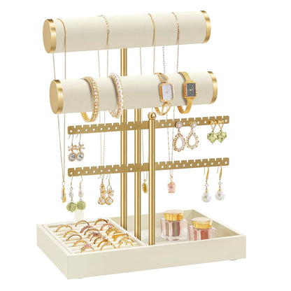 SONGMICS Bracelet Holder Stand, Jewelry Display Stand, Jewelry Organizer, with 2 Tiers and Velvet Tray, Earring Organizer, Removable Ring Holder, Cream White and Pale Gold UJJS046W101