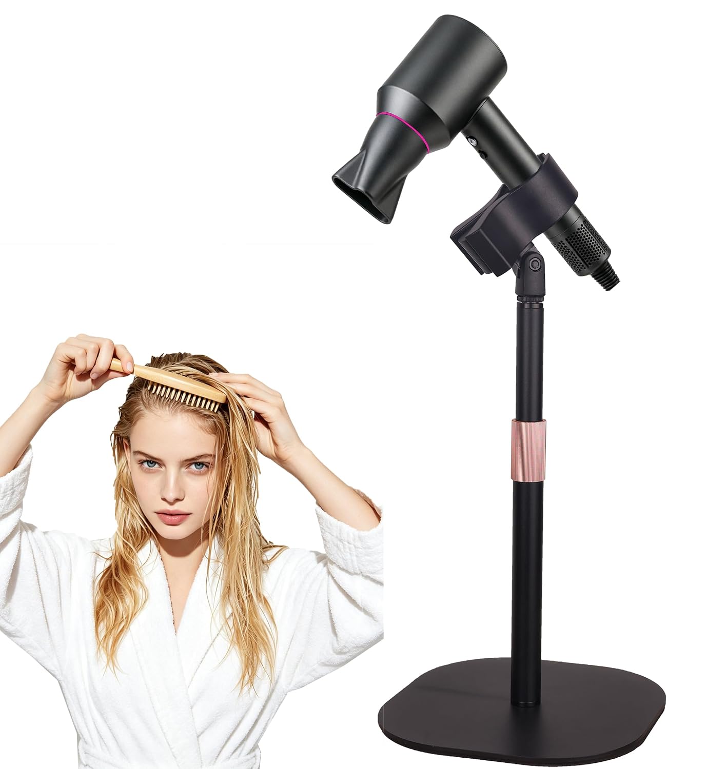 Hair Dryer Stand Holder Hands Free for Vanity Desk Blow Dryer Holder, Height Adjustable, 360° Rotating, Stable Base, Fits Most Hair Dryer, Countertop