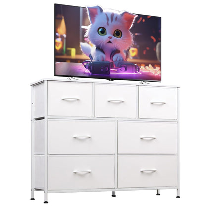 WLIVE Dresser for Bedroom, 7 Drawers, TV Stand, White | 7 roomy fabric drawers, Fits TVs up to 45 inch, Bedroom or living room, Wide storage design, Chest of drawers