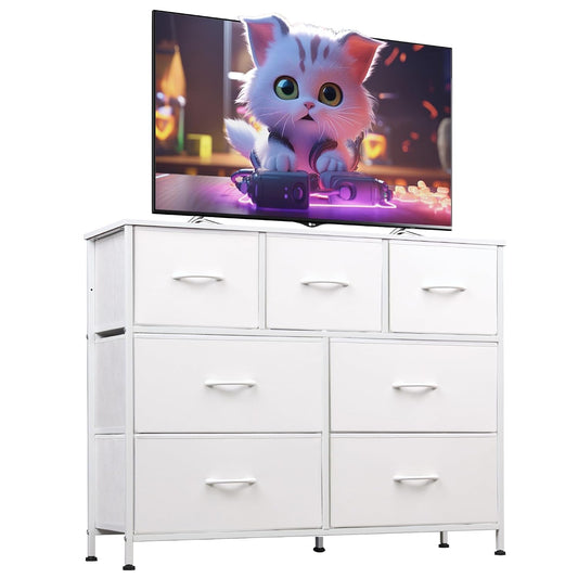 Dresser for Bedroom, 7 Drawers, TV Stand, White (White)