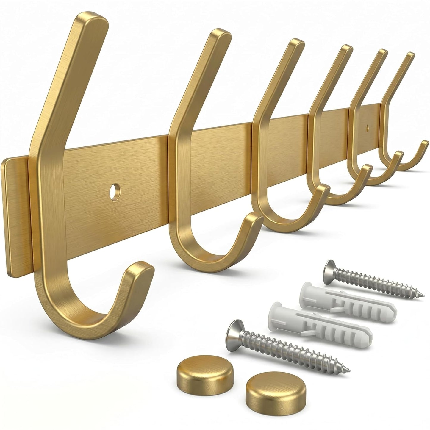 Brushed Gold Wall Mounted Coat Rack – 17 Inch Stainless Steel Rail with 6 Double Coat Hooks for Entryway, Bathroom, Bedroom, Kitchen – Modern Gold Hook Rack for Coats, Hats, Towels